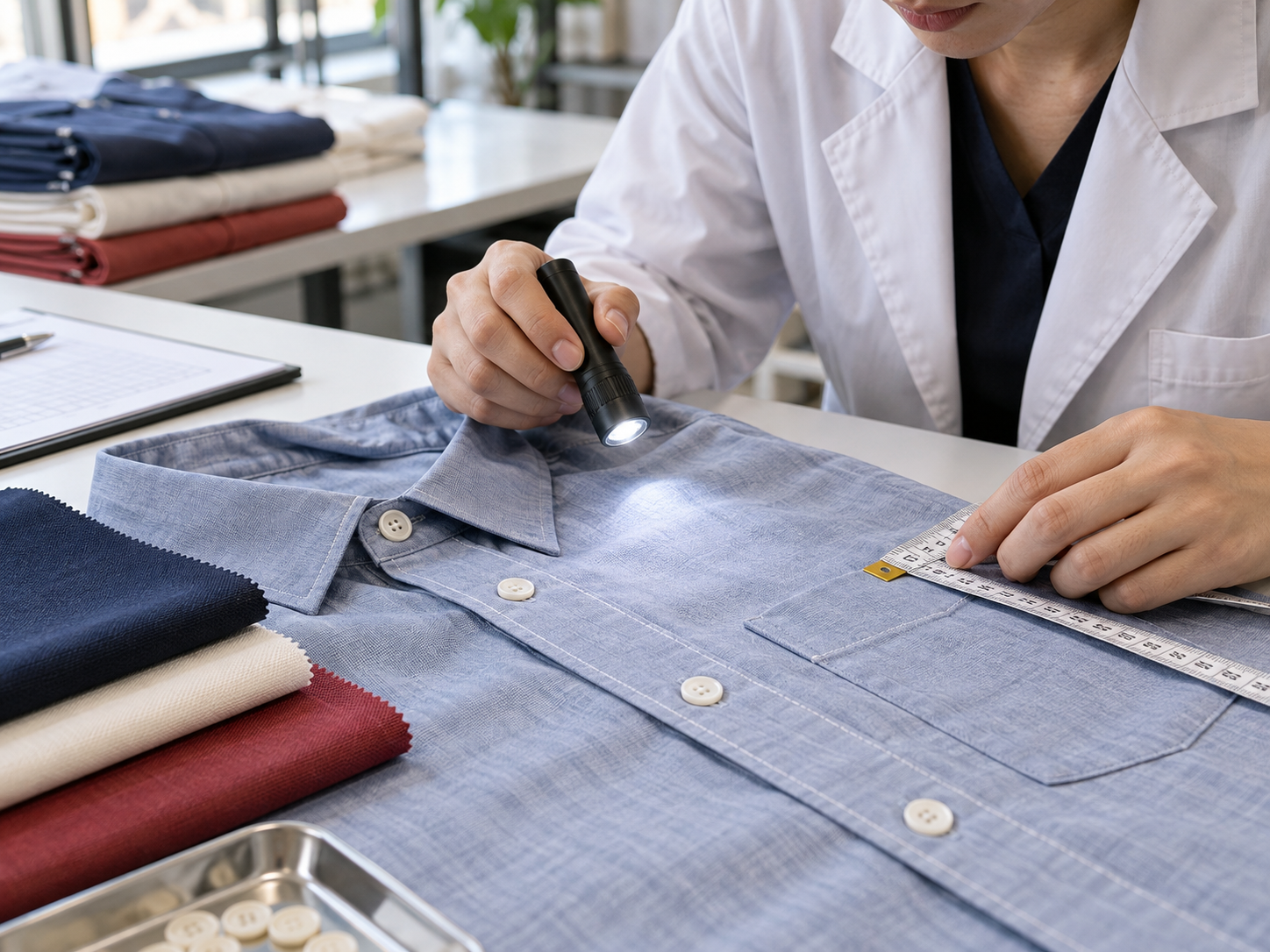 Close garment workmanship inspection with seam and button checks