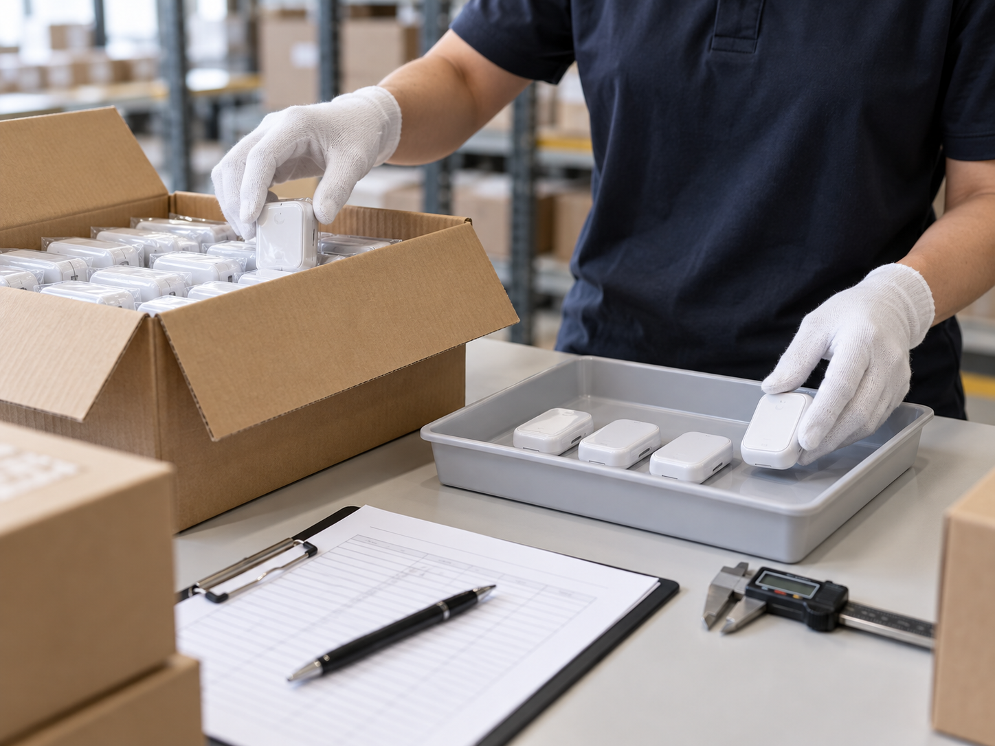 Quality inspector selecting a random AQL sample