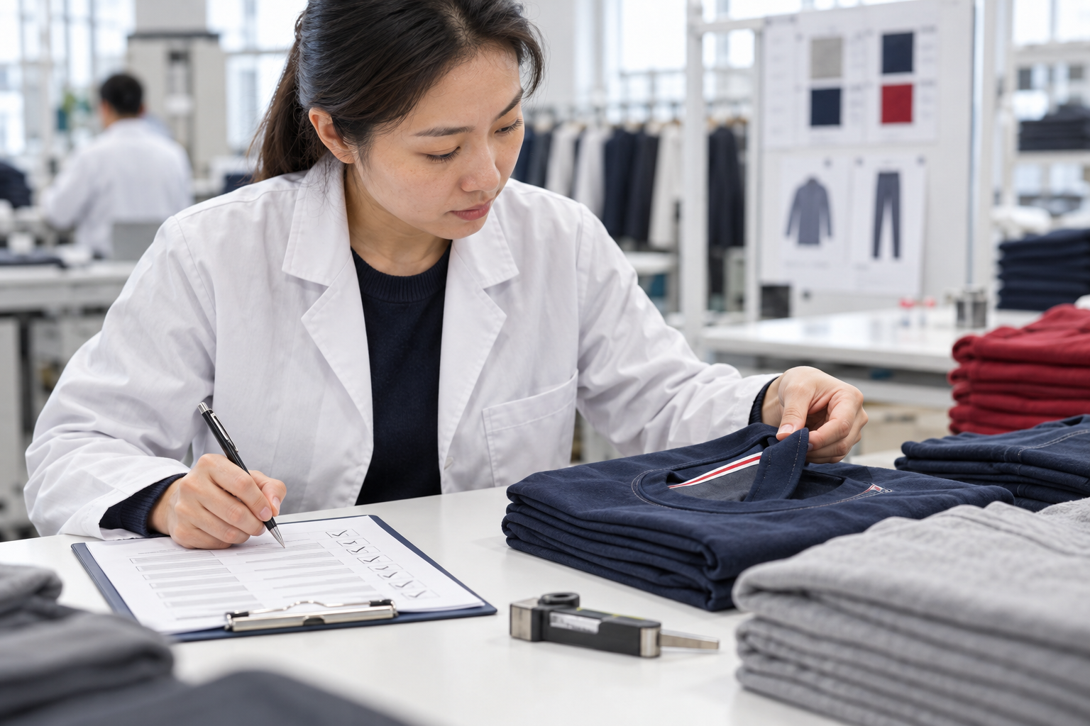 Inspector checking garments using an AQL inspection checklist