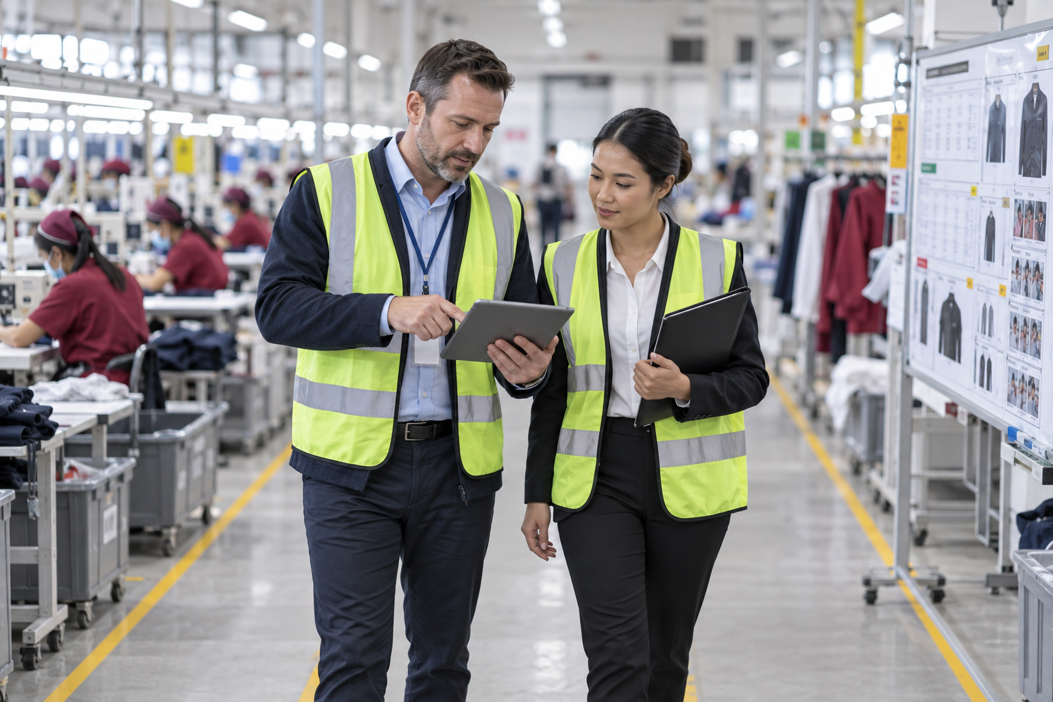 Auditors reviewing factory conditions together