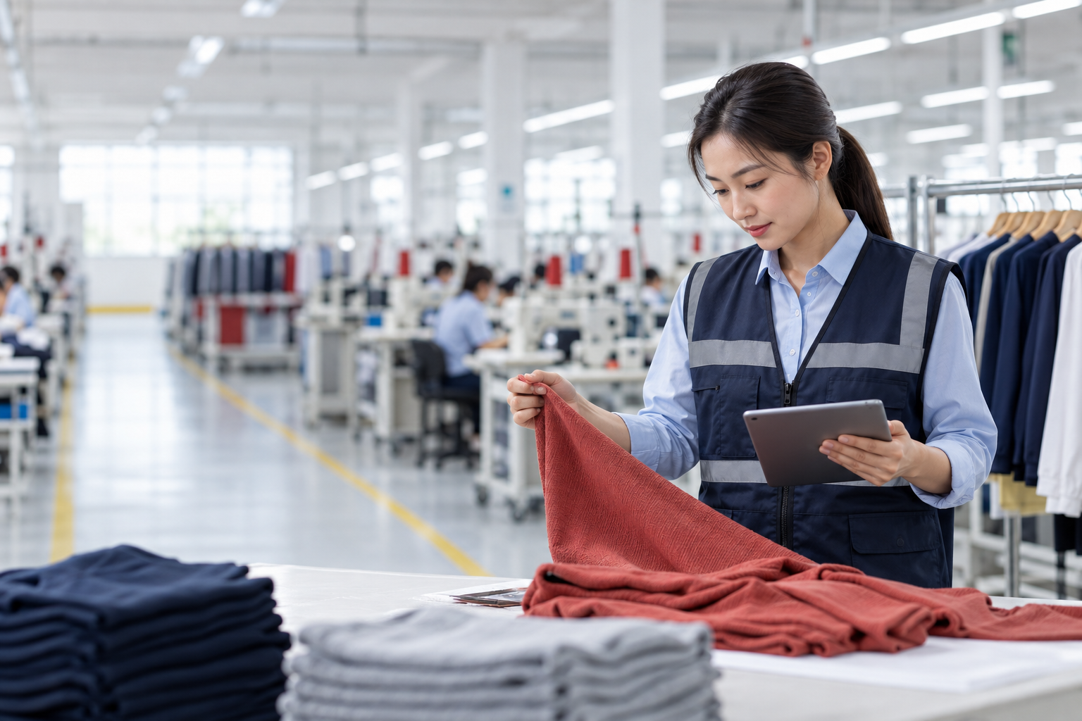 Quality inspector reviewing a garment during a factory inspection