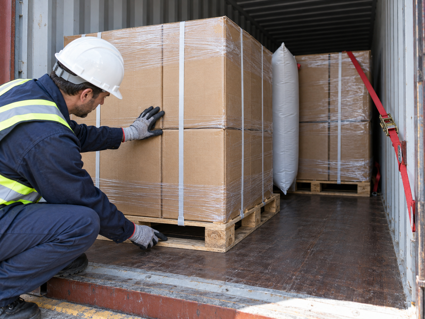 Inspector checking cargo condition and restraint inside a shipping container