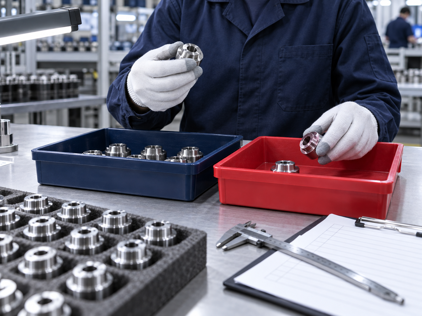 Inspector sorting checked production components into review trays