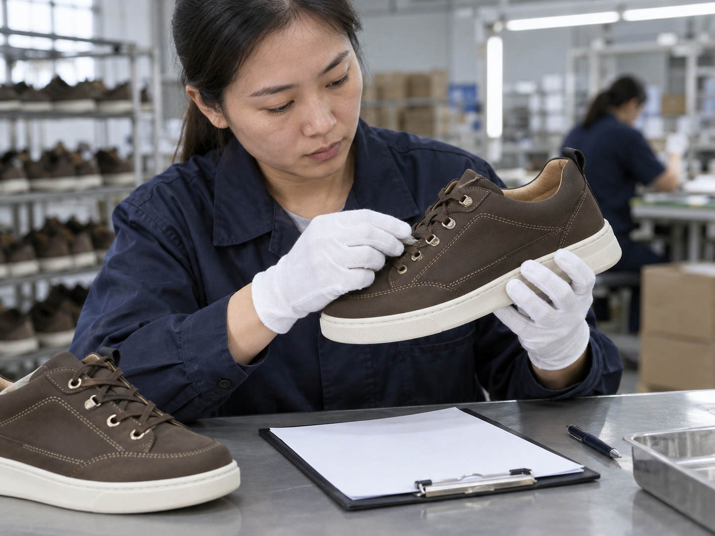 Footwear upper material, stitching, and hardware inspection