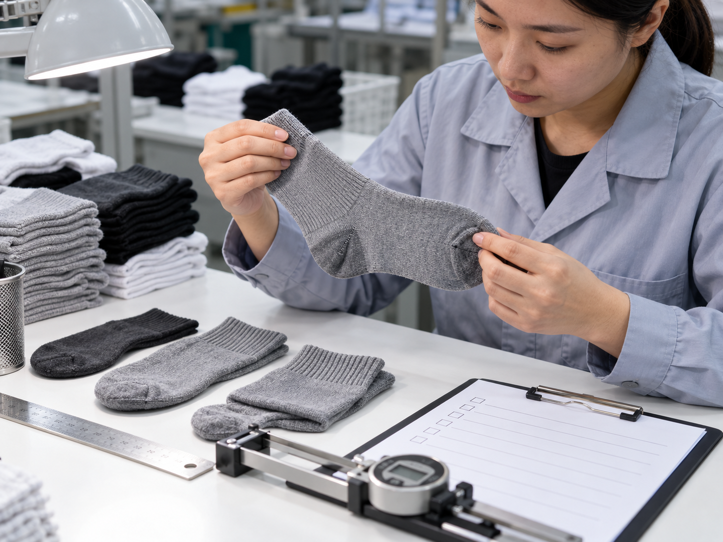 Hosiery knit, toe seam, and elasticity inspection
