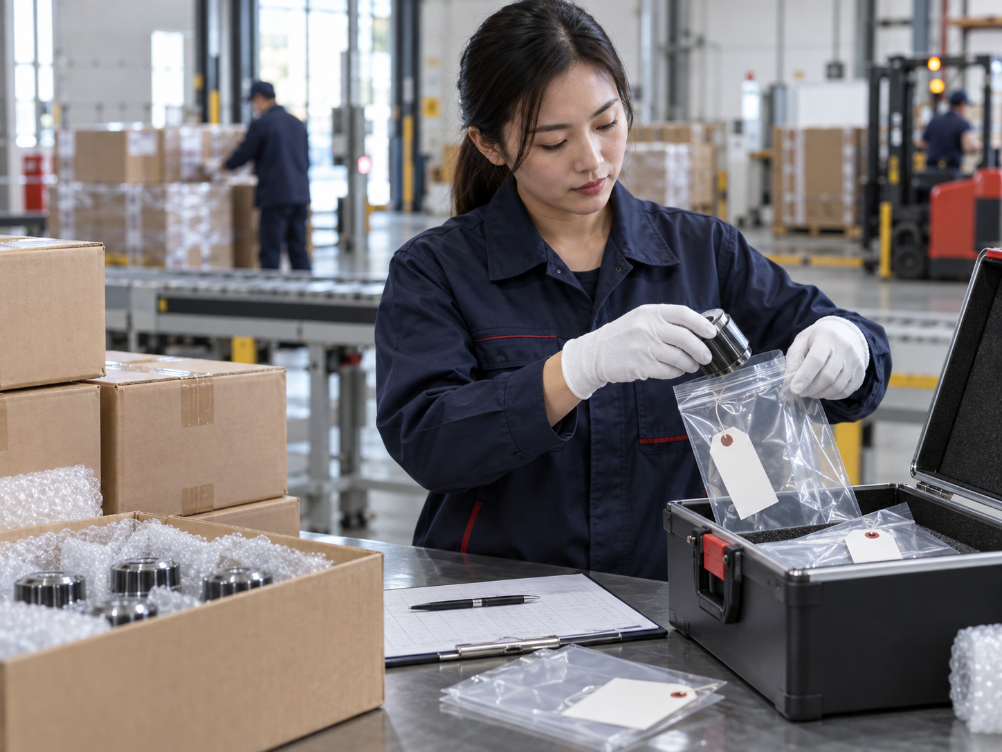 Inspector preparing selected product samples for secure handling