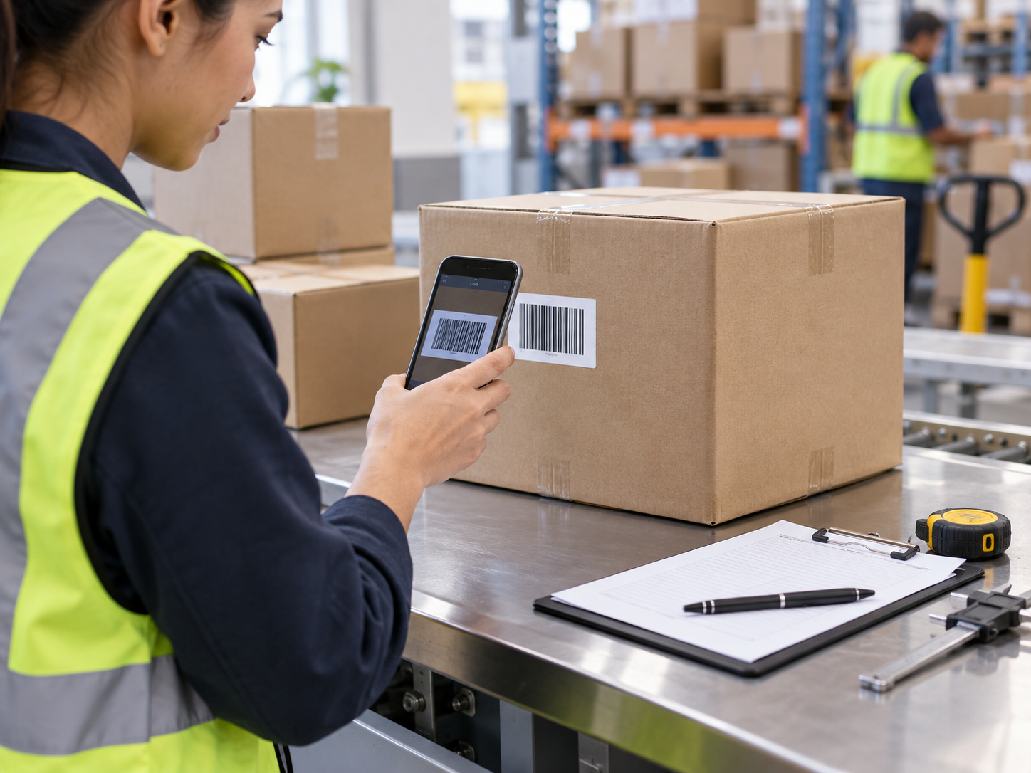 Inspector using mobile barcode support during a warehouse check
