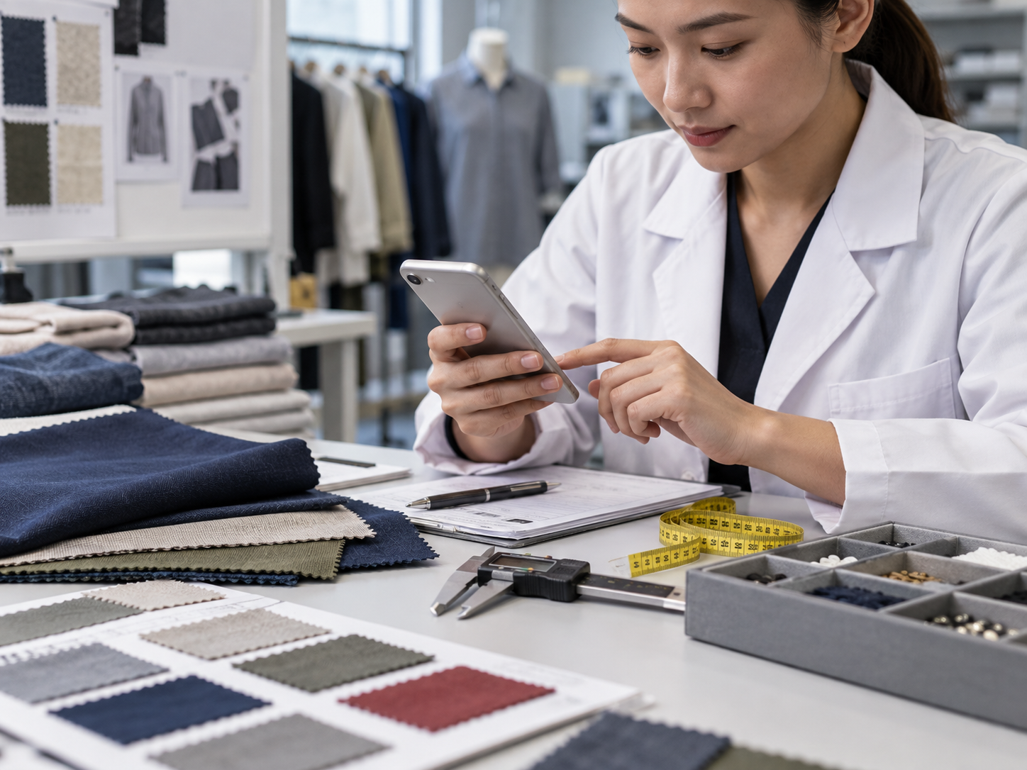 Quality professional using mobile tools for textile inspection