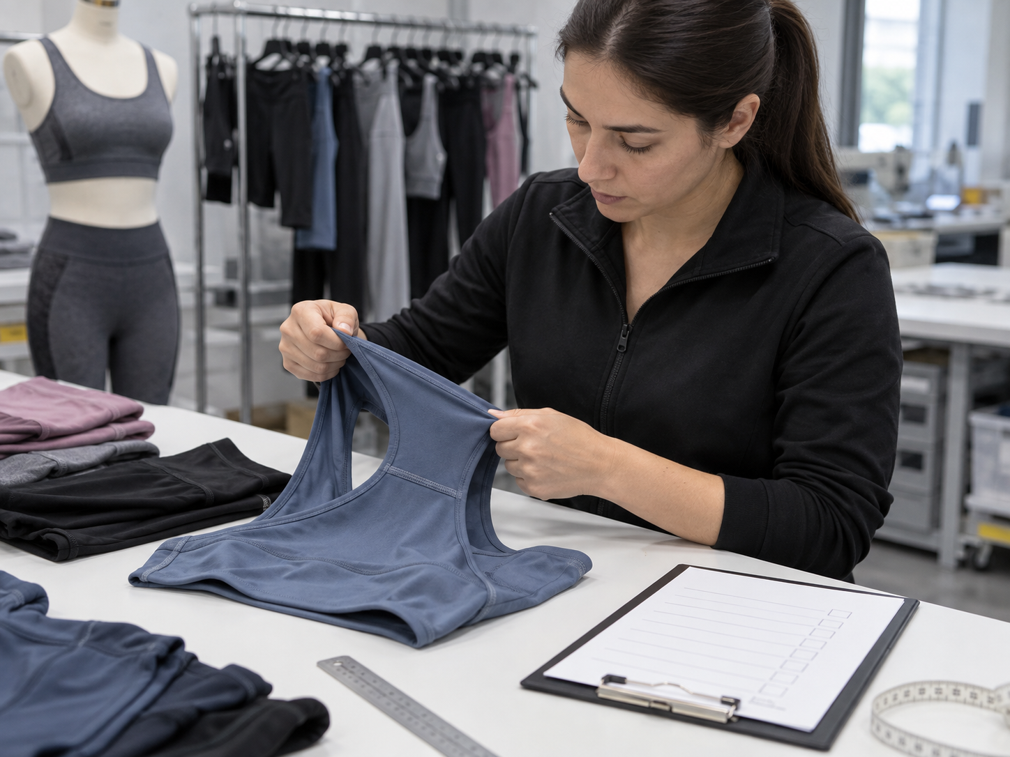Activewear fabric, seam, and stretch quality inspection