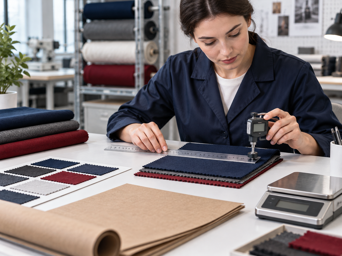 Quality specialist measuring textile samples for technical comparison